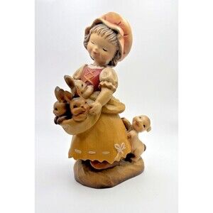 Anri Ferranditz Wood Carved Italy Girl Figurine with Rabbits Used